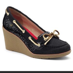 Sperry Goldfish Leopard Wedge Black Size 8.5